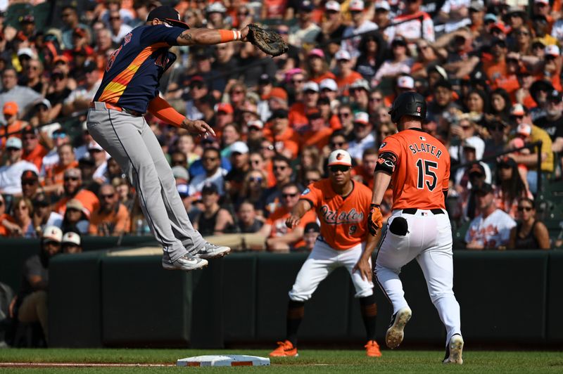 Aug 24, 2024; Baltimore, Maryland, USA; Houston Astros first baseman Jon Singleton (28) leaps for a high throw asBaltimore Orioles right fielder Austin Slater (15) reaches first base safely in the first inning  at Oriole Park at Camden Yards. Mandatory Credit: Tommy Gilligan-USA TODAY Sports