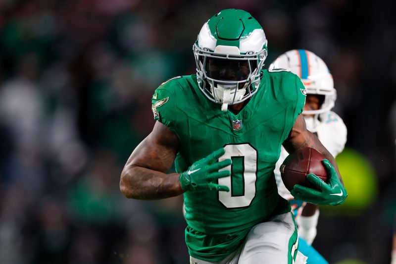 Philadelphia Eagles running back D'Andre Swift (0) in action against the Miami Dolphins during an NFL football game, Sunday, Oct. 22, 2023, in Philadelphia. The Eagles defeated the Dolphins 31-17. (AP Photo/Rich Schultz)