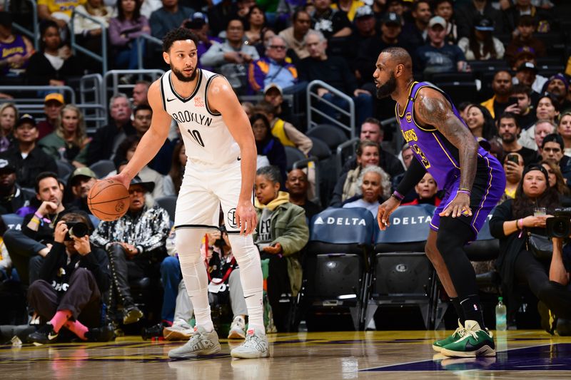 LOS ANGELES, CA - JANUARY 17: Ben Simmons #10 of the Brooklyn Nets dribbles the ball during the game against the Los Angeles Lakers on January 17, 2025 at Crypto.Com Arena in Los Angeles, California. NOTE TO USER: User expressly acknowledges and agrees that, by downloading and/or using this Photograph, user is consenting to the terms and conditions of the Getty Images License Agreement. Mandatory Copyright Notice: Copyright 2025 NBAE (Photo by Adam Pantozzi/NBAE via Getty Images)