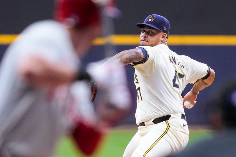Sep 17, 2024; Milwaukee, Wisconsin, USA;  Milwaukee Brewers pitcher Frankie Montas (47) thows a pitch during the first inning against the Philadelphia Phillies at American Family Field. Mandatory Credit: Jeff Hanisch-Imagn Images