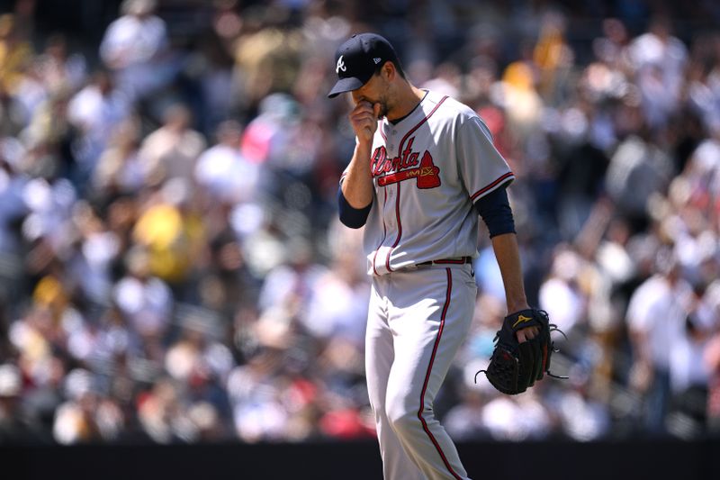 Apr 19, 2023; San Diego, California, USA; Atlanta Braves starting pitcher Charlie Morton (50) reacts after allowing a home run during the fourth inning against the San Diego Padres at Petco Park. Mandatory Credit: Orlando Ramirez-USA TODAY Sports