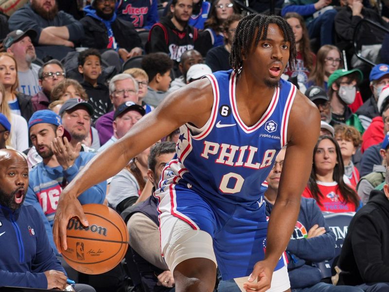 PHILADELPHIA, PA - JANUARY 30: Tyrese Maxey #0 of the Philadelphia 76ers dribbles the ball during the game against the Orlando Magic on January 30, 2023 at the Wells Fargo Center in Philadelphia, Pennsylvania NOTE TO USER: User expressly acknowledges and agrees that, by downloading and/or using this Photograph, user is consenting to the terms and conditions of the Getty Images License Agreement. Mandatory Copyright Notice: Copyright 2023 NBAE (Photo by Jesse D. Garrabrant/NBAE via Getty Images)