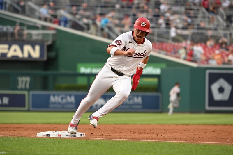 Aug 6, 2024; Washington, District of Columbia, USA; Washington Nationals right fielder Alex Call (17) rounds third base on his way home to score a run against the San Francisco Giants during the second inning  at Nationals Park. Mandatory Credit: Rafael Suanes-USA TODAY Sports