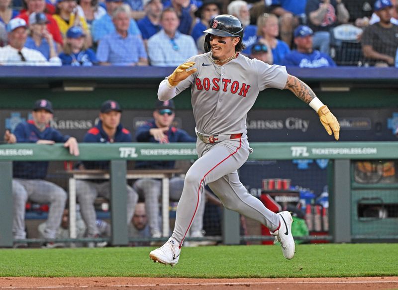 May 10, 2025; Kansas City, Missouri, USA;  Boston Red Sox left fielder Jarren Duran (16) runs down the third baseliine to score a run in the third inning against the Kansas City Royals at Kauffman Stadium. Mandatory Credit: Peter Aiken-Imagn Images