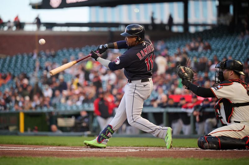 Sep 11, 2023; San Francisco, California, USA; Cleveland Guardians infielder Jose Ramirez (11) bats against the San Francisco Giants during the first inning at Oracle Park. Mandatory Credit: Robert Edwards-USA TODAY Sports