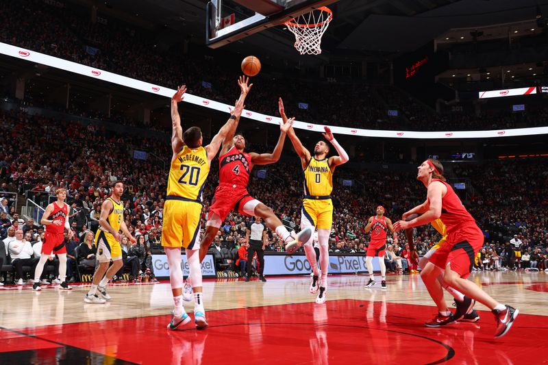 TORONTO, CANADA - FEBRUARY 14: Scottie Barnes #4 of the Toronto Raptors shoots the ball during the game against the Indiana Pacers on February 14, 2024 at the Scotiabank Arena in Toronto, Ontario, Canada.  NOTE TO USER: User expressly acknowledges and agrees that, by downloading and or using this Photograph, user is consenting to the terms and conditions of the Getty Images License Agreement.  Mandatory Copyright Notice: Copyright 2024 NBAE (Photo by Vaughn Ridley/NBAE via Getty Images)