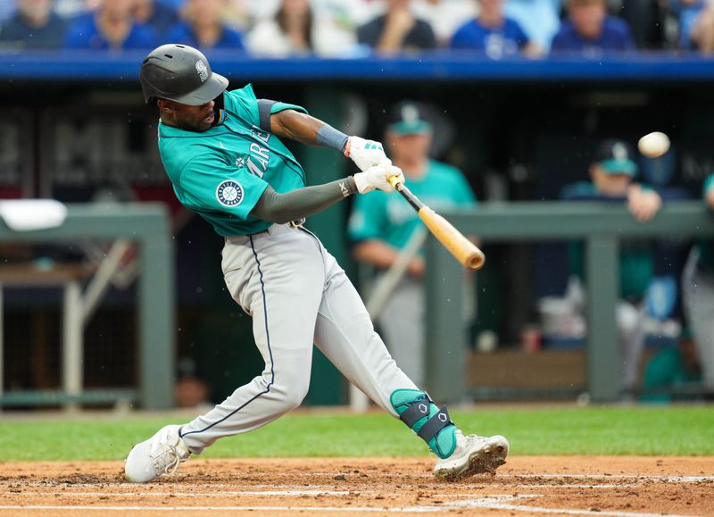 Jun 7, 2024; Kansas City, Missouri, USA; Seattle Mariners second baseman Ryan Bliss (1) hits a home run during the first inning against the Kansas City Royals at Kauffman Stadium. Mandatory Credit: Jay Biggerstaff-USA TODAY Sports