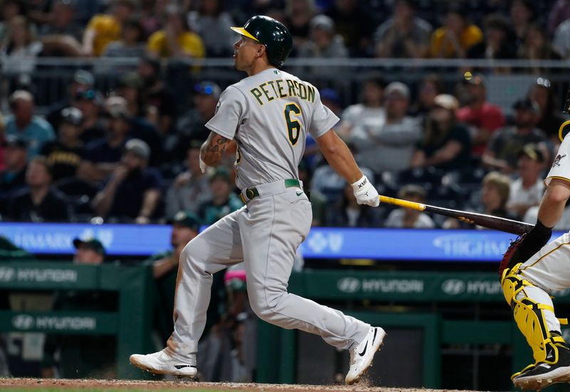 Jun 6, 2023; Pittsburgh, Pennsylvania, USA; Oakland Athletics second baseman Jace Peterson (6) reacts after hitting a two run home run against the Pittsburgh Pirates during the eighth inning at PNC Park. Mandatory Credit: Charles LeClaire-USA TODAY Sports