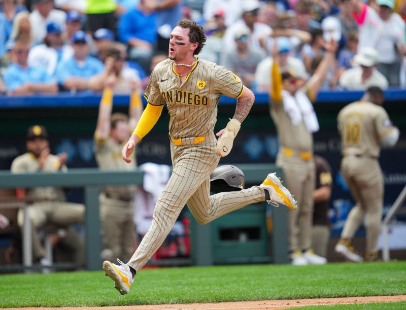 Jun 1, 2024; Kansas City, Missouri, USA; San Diego Padres center fielder Jackson Merrill (3) scores a run against the Kansas City Royals during the fourth inning at Kauffman Stadium. Mandatory Credit: Jay Biggerstaff-USA TODAY Sports