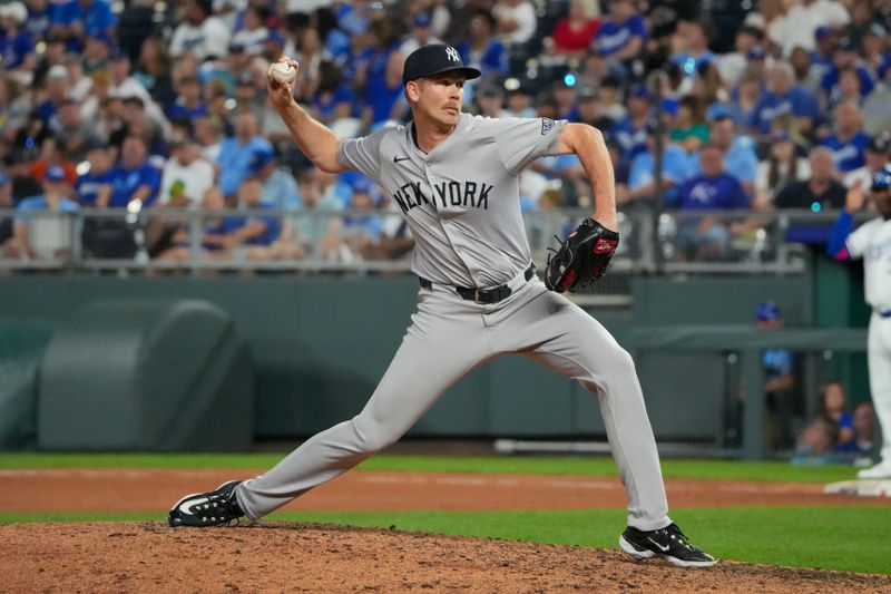 Jun 10, 2024; Kansas City, Missouri, USA; New York Yankees relief pitcher Michael Tonkin (50) delivers a pitch against the Kansas City Royals in the ninth inning at Kauffman Stadium. Mandatory Credit: Denny Medley-USA TODAY Sports