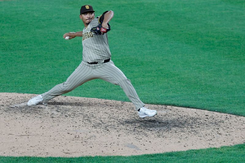 Jul 23, 2024; Washington, District of Columbia, USA; San Diego Padres relief pitcher Jeremiah Estrada (56) pitches against the Washington Nationals during the eighth inning at Nationals Park. Mandatory Credit: Geoff Burke-USA TODAY Sports