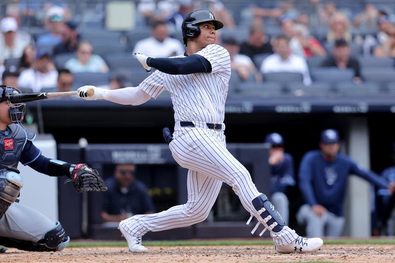 Jul 22, 2024; Bronx, New York, USA; New York Yankees right fielder Juan Soto (22) follows through on a double against the Tampa Bay Rays during the fifth inning at Yankee Stadium. Mandatory Credit: Brad Penner-USA TODAY Sports