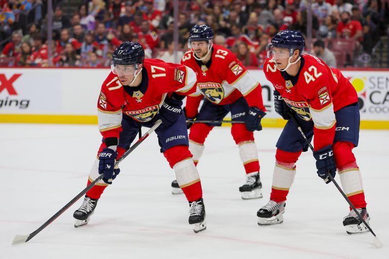 Nov 24, 2023; Sunrise, Florida, USA; Florida Panthers center Evan Rodrigues (17) and defenseman Gustav Forsling (42) looks on against the Winnipeg Jets during the first period at Amerant Bank Arena. Mandatory Credit: Sam Navarro-USA TODAY Sports