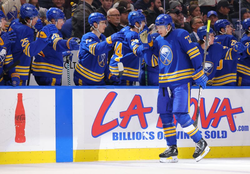 Dec 3, 2024; Buffalo, New York, USA;  Buffalo Sabres center Tage Thompson (72) celebrates his second goal of the game with teammates during the first period against the Colorado Avalanche at KeyBank Center. Mandatory Credit: Timothy T. Ludwig-Imagn Images