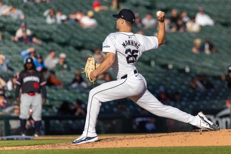 Apr 13, 2024; Detroit, Michigan, USA; Detroit Tigers starting pitcher Matt Manning (25) throws in the sixth inning against the Minnesota Twins during game two of a double header at Comerica Park. Mandatory Credit: David Reginek-USA TODAY Sports