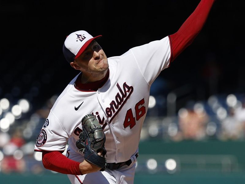 Aug 17, 2023; Washington, District of Columbia, USA; Washington Nationals starting pitcher Patrick Corbin (46) pitches against the Boston Red Sox during the first inning at Nationals Park. Mandatory Credit: Geoff Burke-USA TODAY Sports