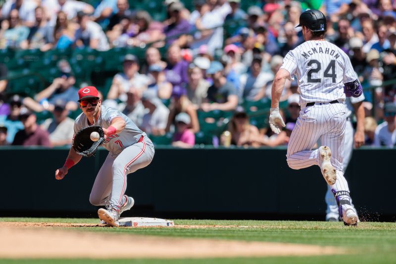 Jun 5, 2024; Denver, Colorado, USA; Cincinnati Reds outfielder Spencer Steer (7) catches a ball to make an out at first during the third inning against the Colorado Rockies at Coors Field. Mandatory Credit: Andrew Wevers-USA TODAY Sports