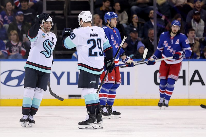 Jan 12, 2026; New York, New York, USA; Seattle Kraken right wing Jordan Eberle (7) celebrates his goal against the New York Rangers with defenseman Vince Dunn (29) during the second period at Madison Square Garden. Mandatory Credit: Brad Penner-Imagn Images