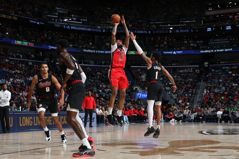 NEW ORLEANS, LA - MARCH 16: Brandon Ingram #14 of the New Orleans Pelicans shoots the ball during the game against the Portland Trail Blazers on March 16, 2024 at the Smoothie King Center in New Orleans, Louisiana. NOTE TO USER: User expressly acknowledges and agrees that, by downloading and or using this Photograph, user is consenting to the terms and conditions of the Getty Images License Agreement. Mandatory Copyright Notice: Copyright 2024 NBAE (Photo by Layne Murdoch Jr./NBAE via Getty Images)