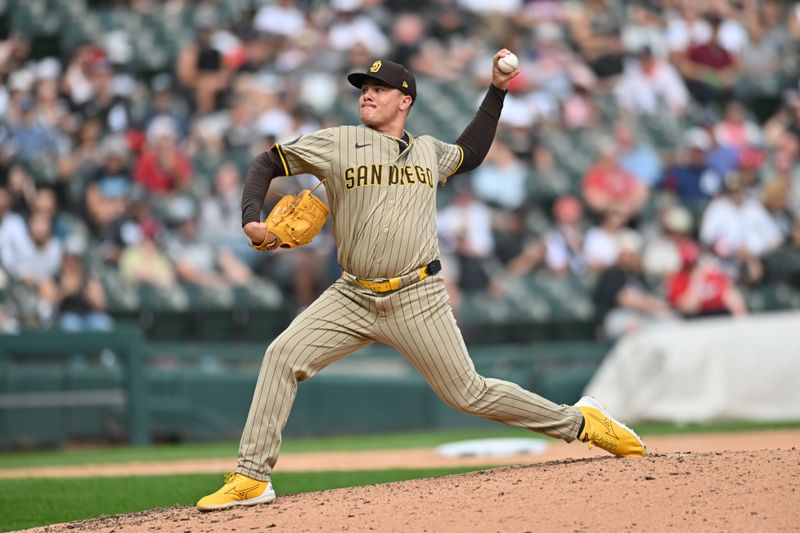 Sep 21, 2025; Chicago, Illinois, USA; San Diego Padres pitcher Adrian Morejon (50) pitches against the Chicago White Sox during the sixth inning at Rate Field. Mandatory Credit: Patrick Gorski-Imagn Images
