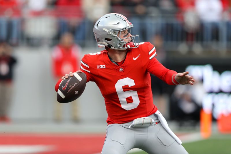 Oct 7, 2023; Columbus, Ohio, USA;  Ohio State Buckeyes quarterback Kyle McCord (6) drops back to throw during the second quarter against the Maryland Terrapins at Ohio Stadium. Mandatory Credit: Joseph Maiorana-USA TODAY Sports