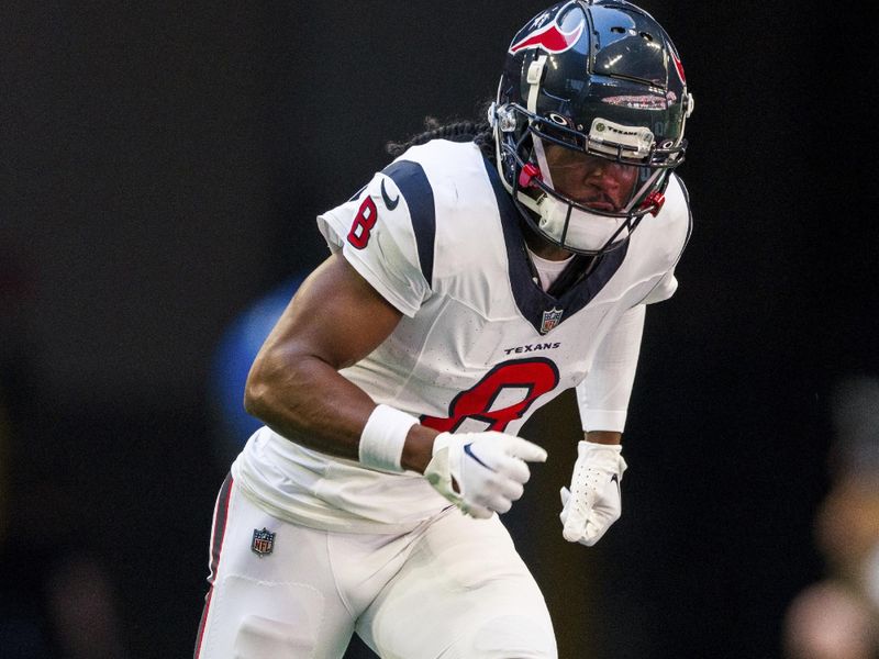 Houston Texans wide receiver John Metchie III (8) works during the first half of an NFL football game against the Atlanta Falcons, Sunday, Oct. 8, 2023, in Atlanta. The Atlanta Falcons won 21-19. (AP Photo/Danny Karnik)