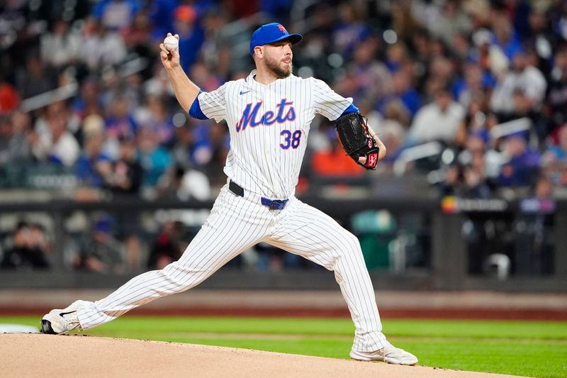 Sep 22, 2024; New York City, New York, USA;  New York Mets pitcher Tylor Megill (38) delivers a pitch against the Philadelphia Phillies during the first inning at Citi Field. Mandatory Credit: Gregory Fisher-Imagn Images