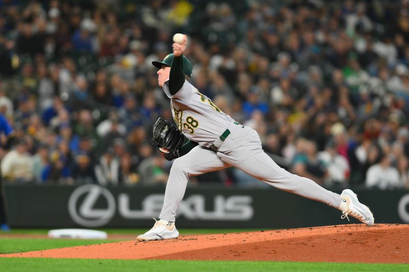 Sep 27, 2024; Seattle, Washington, USA; Oakland Athletics starting pitcher JP Sears (38) pitches to the Seattle Mariners during the first inning at T-Mobile Park. Mandatory Credit: Steven Bisig-Imagn Images