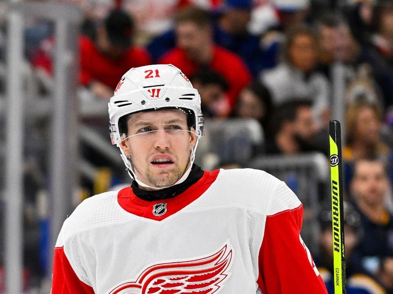 Dec 12, 2023; St. Louis, Missouri, USA;  Detroit Red Wings center Austin Czarnik (21) in action against the St. Louis Blues during the third period at Enterprise Center. Mandatory Credit: Jeff Curry-USA TODAY Sports