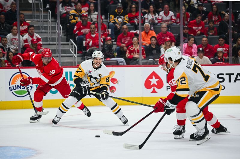 Oct 10, 2024; Detroit, Michigan, USA; Pittsburgh Penguins center Sidney Crosby (87) passes for an assist to left wing Anthony Beauvillier (72) during the first period against the Detroit Red Wings at Little Caesars Arena. Mandatory Credit: Tim Fuller-Imagn Images