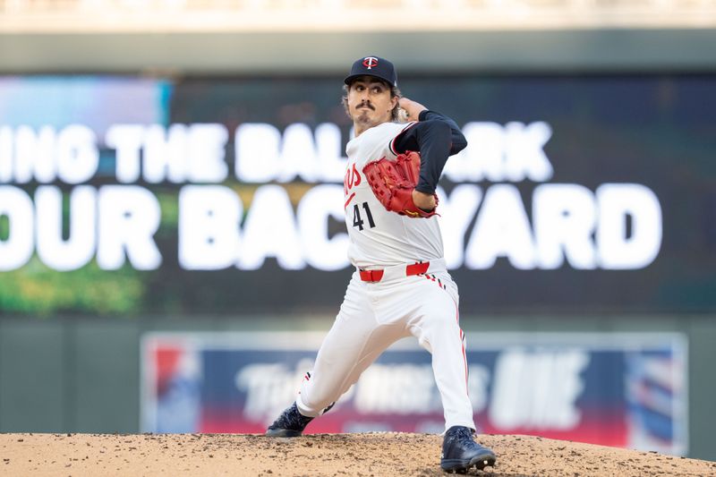 May 10, 2025; Minneapolis, Minnesota, USA; Minnesota Twins starting pitcher Joe Ryan (41) pitches to the San Francisco Giants in the fifth inning at Target Field. Mandatory Credit: Matt Blewett-Imagn Images