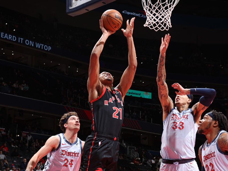 WASHINGTON, DC -?JANUARY 29: Orlando Robinson #21 of the Toronto Raptors drives to the basket during the game against the Washington Wizards on January 29, 2025 at Capital One Arena in Washington, DC. NOTE TO USER: User expressly acknowledges and agrees that, by downloading and or using this Photograph, user is consenting to the terms and conditions of the Getty Images License Agreement. Mandatory Copyright Notice: Copyright 2025 NBAE (Photo by Stephen Gosling/NBAE via Getty Images)