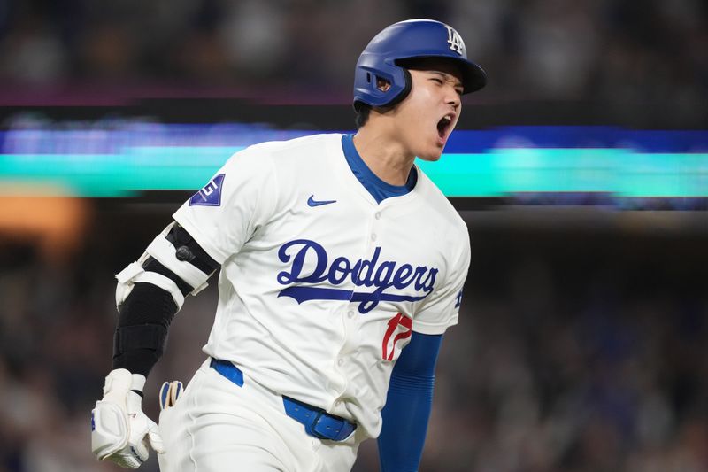 Sep 25, 2024; Los Angeles, California, USA; Los Angeles Dodgers designated hitter Shohei Ohtani (17) reacts after hitting an RBI single in the sixth inning against the San Diego Padres at Dodger Stadium. Mandatory Credit: Kirby Lee-Imagn Images