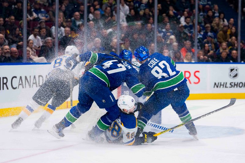 Jan 24, 2024; Vancouver, British Columbia, CAN; Vancouver Canucks defenseman Noah Juulsen (47) and defenseman Ian Cole (82) collide with St. Louis Blues defenseman Scott Perunovich (48) in the second period at Rogers Arena. Mandatory Credit: Bob Frid-USA TODAY Sports