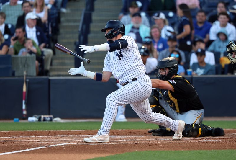 Mar 16, 2023; Tampa, Florida, USA;  New York Yankees third baseman Josh Donaldson (28) catches his bat against the Pittsburgh Pirates during the first inning at George M. Steinbrenner Field. Mandatory Credit: Kim Klement-USA TODAY Sports