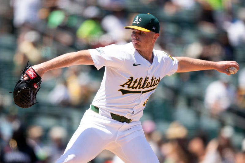 Jun 5, 2025; West Sacramento, California, USA; Athletics pitcher Sean Newcomb (31) delivers a pitch against the Minnesota Twins during the sixth inning at Sutter Health Park. Mandatory Credit: D. Ross Cameron-Imagn Images