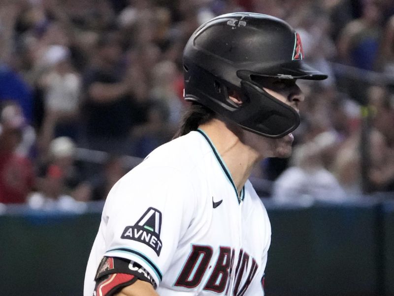 Jul 8, 2023; Phoenix, Arizona, USA; Arizona Diamondbacks left fielder Corbin Carroll (7) celebrates after hitting a walk off RBI single against the Pittsburgh Pirates during the tenth inning at Chase Field. Mandatory Credit: Joe Camporeale-USA TODAY Sports