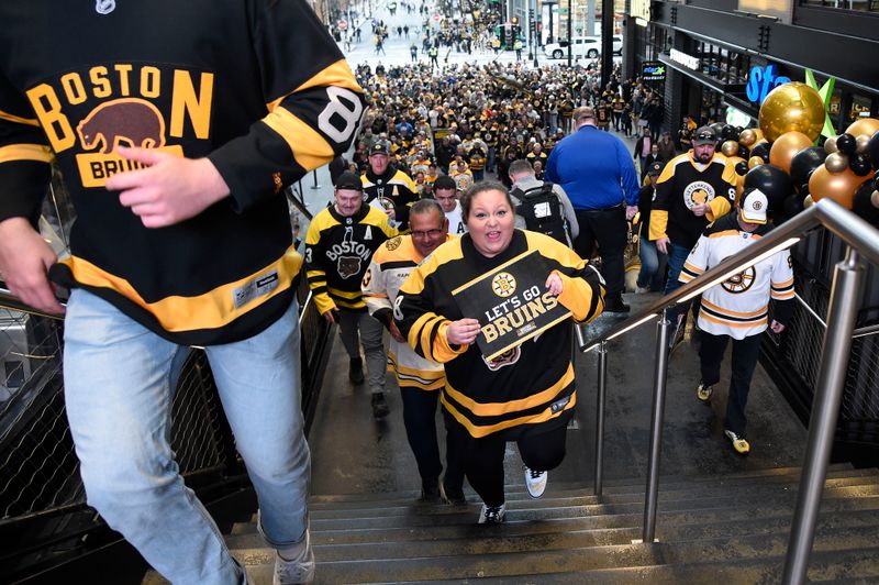 Apr 20, 2024; Boston, Massachusetts, USA; Fans make their way up the stairs prior to game one of the first round of the 2024 Stanley Cup Playoffs between the Boston Bruins and Toronto Maple Leafs at TD Garden. Mandatory Credit: Bob DeChiara-USA TODAY Sports