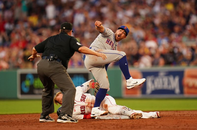 Jul 23, 2023; Boston, Massachusetts, USA; New York Met second baseman Danny Mendick (15) reacts after Boston Red Sox designated hitter Justin Turner (2) is called safe at second with a double in the third inning at Fenway Park. Mandatory Credit: David Butler II-USA TODAY Sports