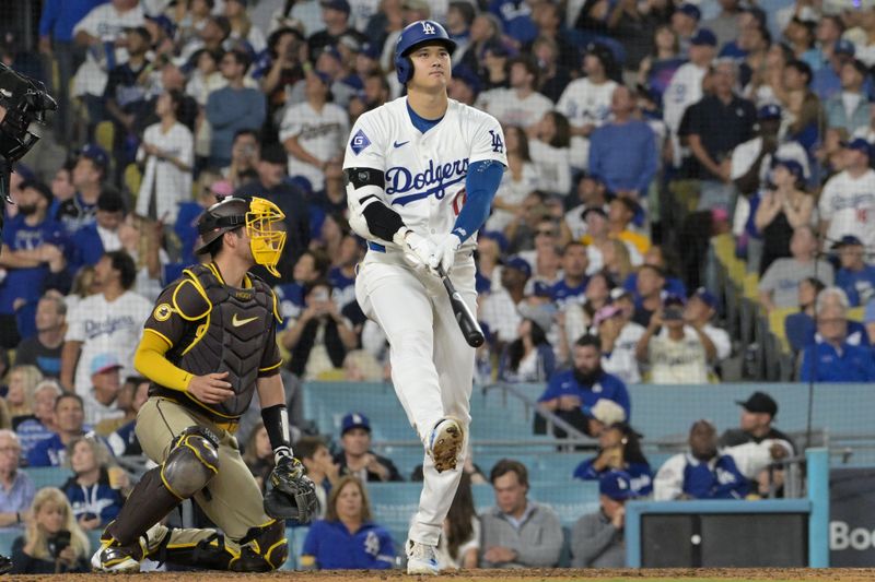 Oct 6, 2024; Los Angeles, California, USA; Los Angeles Dodgers designated hitter Shohei Ohtani (17) at bat in the sixth inning against the San Diego Padres during game two of the NLDS for the 2024 MLB Playoffs at Dodger Stadium. Mandatory Credit: Jayne Kamin-Oncea-Imagn Images