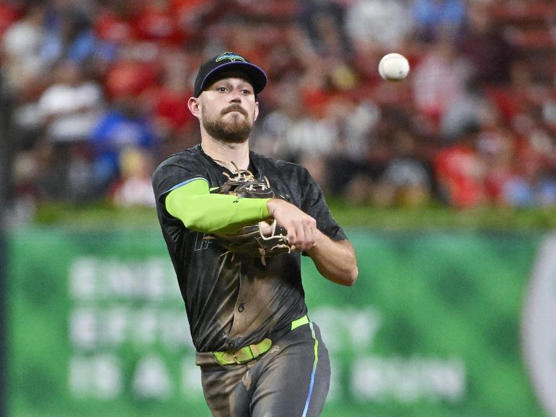 Aug 7, 2024; St. Louis, Missouri, USA;  Tampa Bay Rays second baseman Brandon Lowe (8) throws on the run against the St. Louis Cardinals during the fifth inning at Busch Stadium. Mandatory Credit: Jeff Curry-USA TODAY Sports