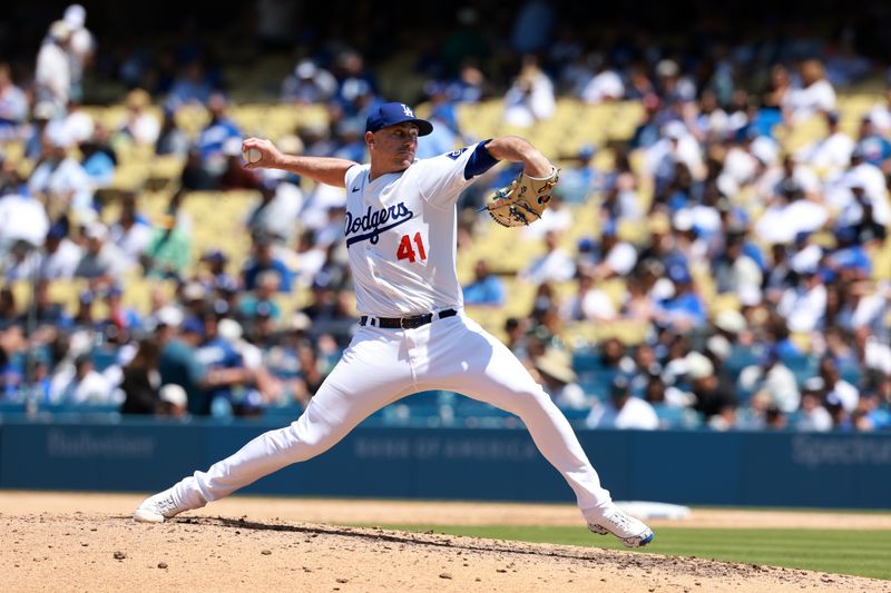 May 8, 2024; Los Angeles, California, USA;  Los Angeles Dodgers pitcher Daniel Hudson (41) pitches during the ninth inning against the Miami Marlins at Dodger Stadium. Mandatory Credit: Kiyoshi Mio-USA TODAY Sports