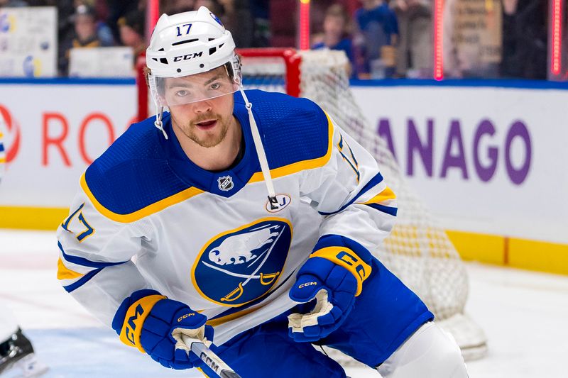 Mar 19, 2024; Vancouver, British Columbia, CAN; Buffalo Sabres forward Tyson Jost (17) skates during warm up prior to a game against the Vancouver Canucks at Rogers Arena. Mandatory Credit: Bob Frid-USA TODAY Sports