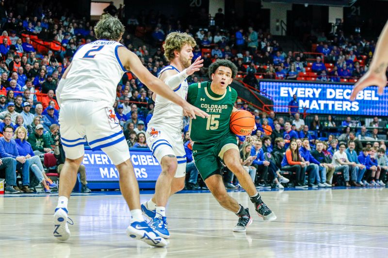 Jan 9, 2024; Boise, Idaho, USA; Colorado State Rams guard Jalen Lake (15) drives the ball against against the Boise State Broncos during the first half at ExtraMile Arena. Mandatory Credit: Brian Losness-USA TODAY Sports