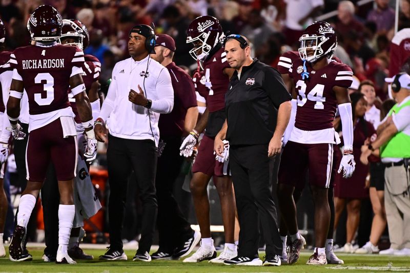 Sep 30, 2023; Starkville, Mississippi, USA; Mississippi State Bulldogs head coach Zach Arnett stands on the sidelines during the second quarter of the game against the Alabama Crimson Tide at Davis Wade Stadium at Scott Field. Mandatory Credit: Matt Bush-USA TODAY Sports