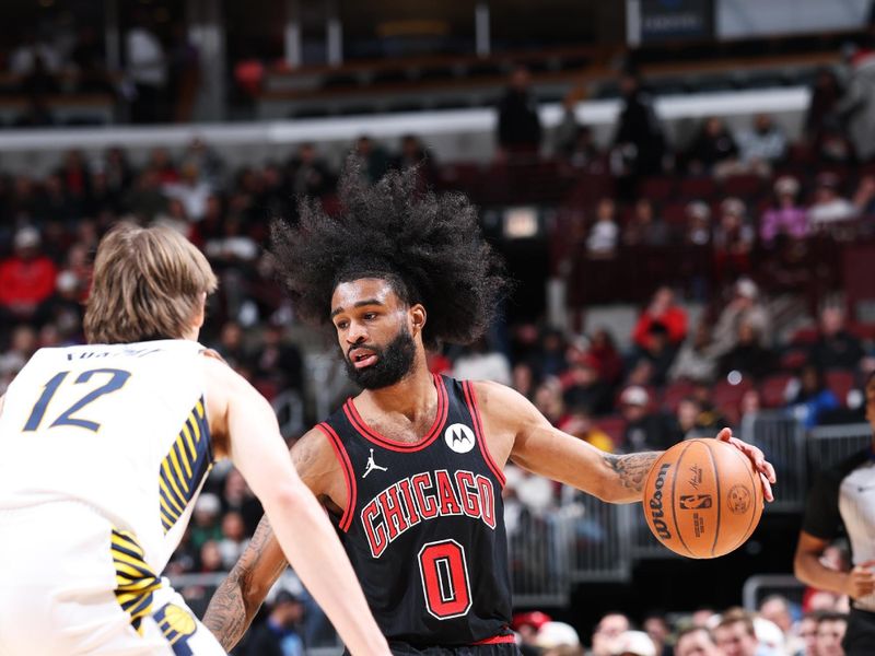 CHICAGO, IL - DECEMBER 6: Coby White #0 of the Chicago Bulls dribbles the ball during the game against the Indiana Pacers on December 6, 2024 at United Center in Chicago, Illinois. NOTE TO USER: User expressly acknowledges and agrees that, by downloading and or using this photograph, User is consenting to the terms and conditions of the Getty Images License Agreement. Mandatory Copyright Notice: Copyright 2024 NBAE (Photo by Jeff Haynes/NBAE via Getty Images)