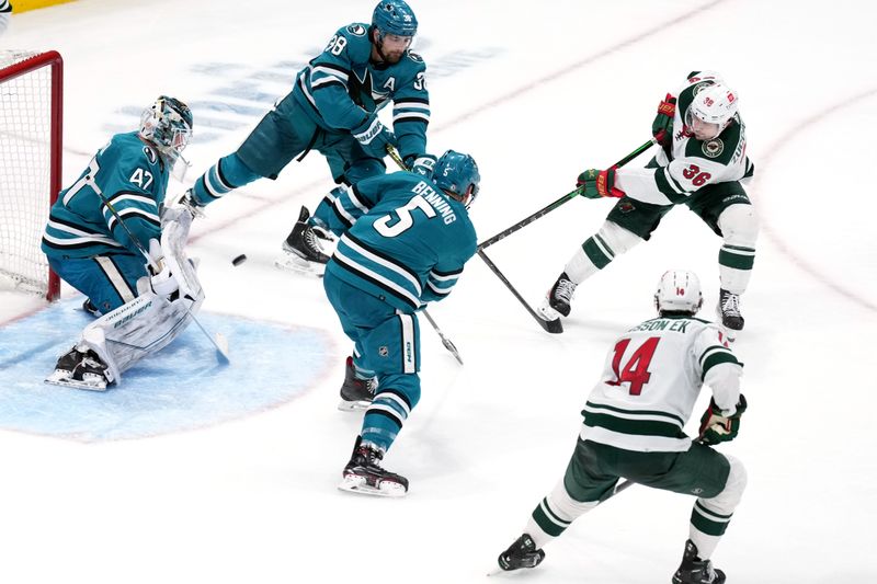 Mar 11, 2023; San Jose, California, USA; Minnesota Wild right wing Mats Zuccarello (36) scores against San Jose Sharks goaltender James Reimer (47) during the third period at SAP Center at San Jose. Mandatory Credit: Darren Yamashita-USA TODAY Sports