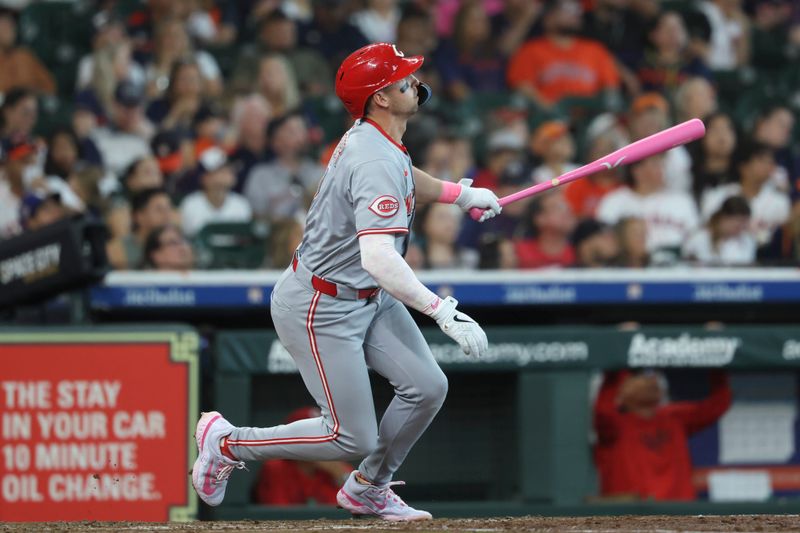 May 11, 2025; Houston, Texas, USA; Cincinnati Reds first baseman Spencer Steer (7) hits a double during the fifth inning against the Houston Astros at Daikin Park. Mandatory Credit: Troy Taormina-Imagn Images
