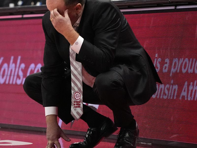 Mar 2, 2024; Madison, WI, USA;  Wisconsin head coach Greg Gard is shown late in the second half of their game Saturday, March 2, 2024 at the Kohl Center in Madison, Wisconsin.  Mandatory Credit: Mark Hoffman-USA TODAY Sports
