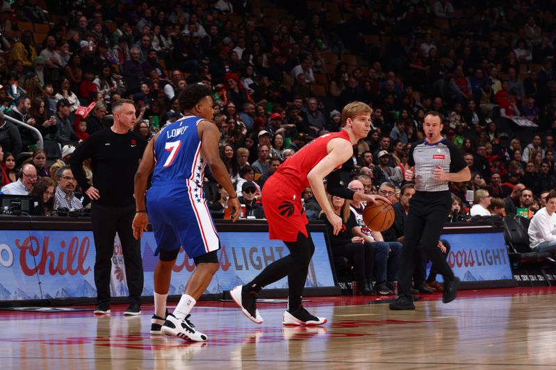 TORONTO, CANADA - MARCH 31: Gradey Dick #1 of the Toronto Raptors dribbles the ball during the game against the Philadelphia 76ers on March 31, 2024 at the Scotiabank Arena in Toronto, Ontario, Canada.  NOTE TO USER: User expressly acknowledges and agrees that, by downloading and or using this Photograph, user is consenting to the terms and conditions of the Getty Images License Agreement.  Mandatory Copyright Notice: Copyright 2024 NBAE (Photo by Vaughn Ridley/NBAE via Getty Images)